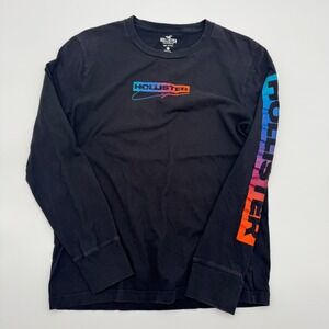 Hollister Mens Long Sleeve Graphic Tee Black Rainbow Gradient Logo Shirt Small